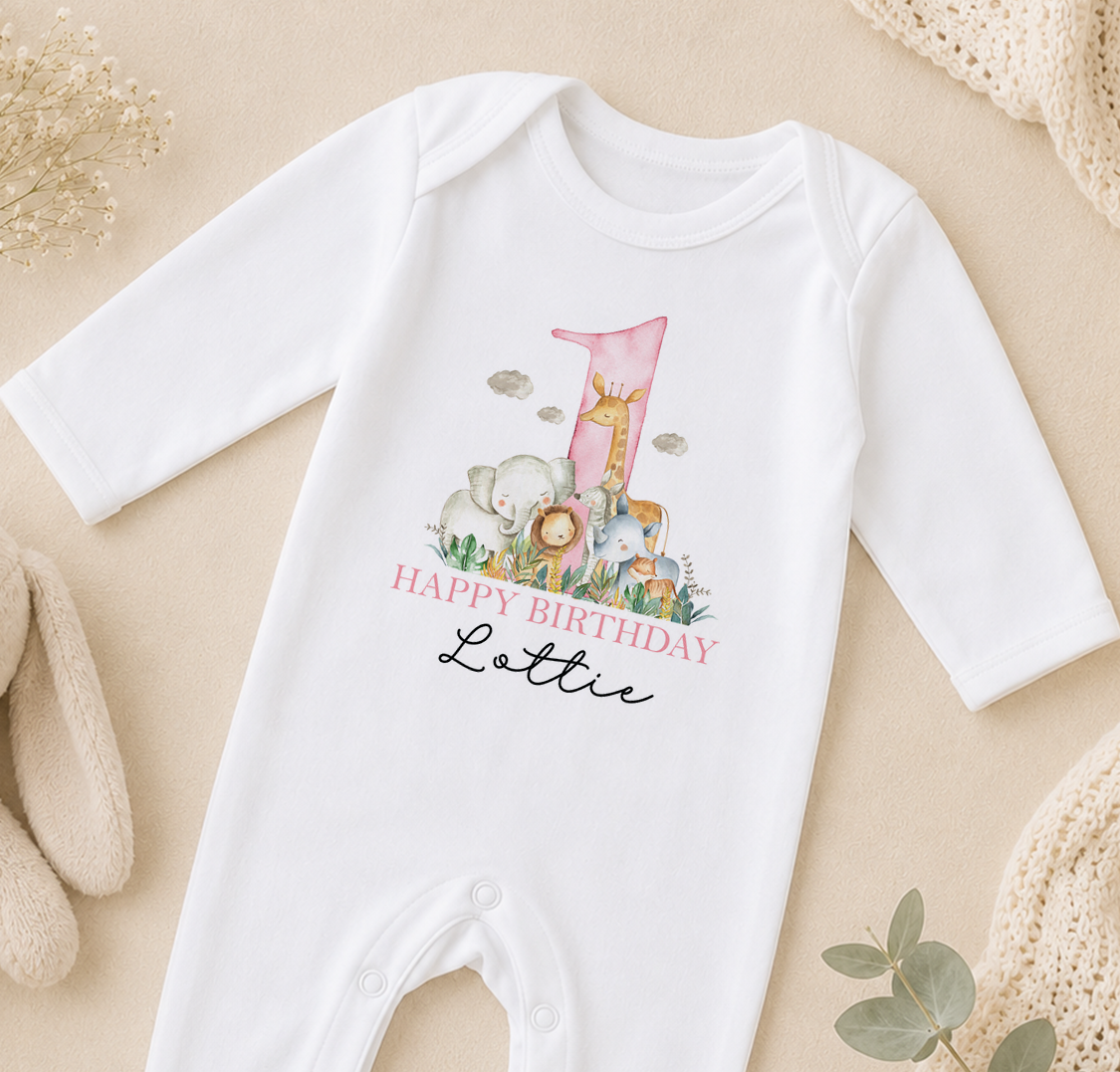 Personalised 1st birthday sleepsuit, Pink Safari Animals design with name
