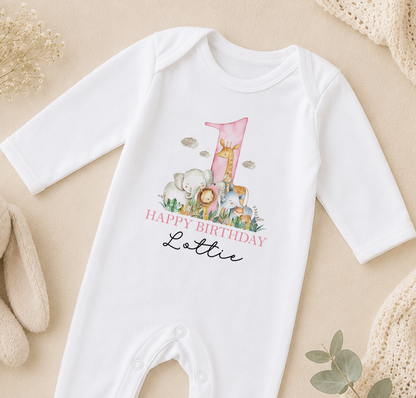 Personalised 1st birthday sleepsuit, Pink Safari Animals design with name