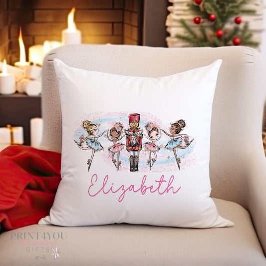 Personalised Nutcracker Christmas cushion cover, cover only, laid flat showing the off-white fabric and print
