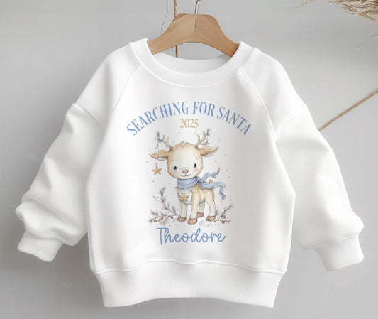Personalised kids Christmas reindeer jumper and t-shirt with custom name, size 6-12 months