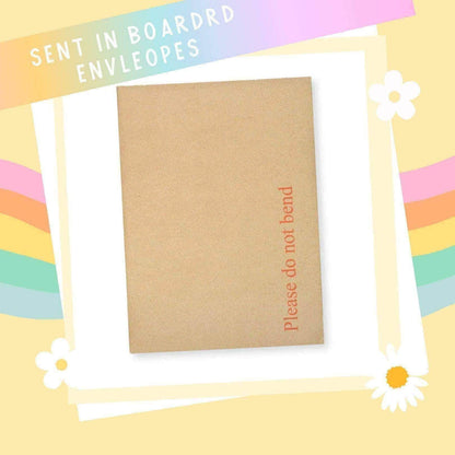 Every card is sent in a hard-backed board envelope marked please do not bend