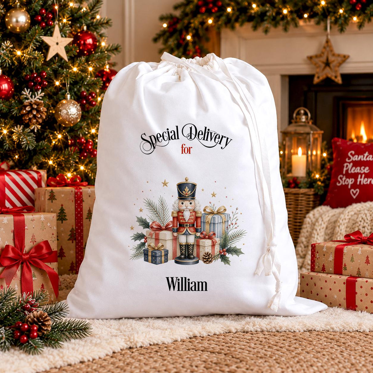 Personalised Nutcracker Santa Sack – Red & Gold Christmas Eve Sack with Name