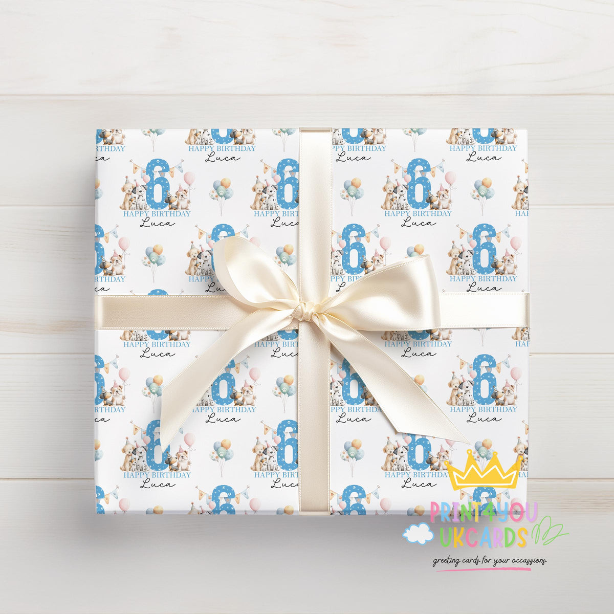 Personalised dog birthday wrapping paper sheet laid flat showing the full pattern