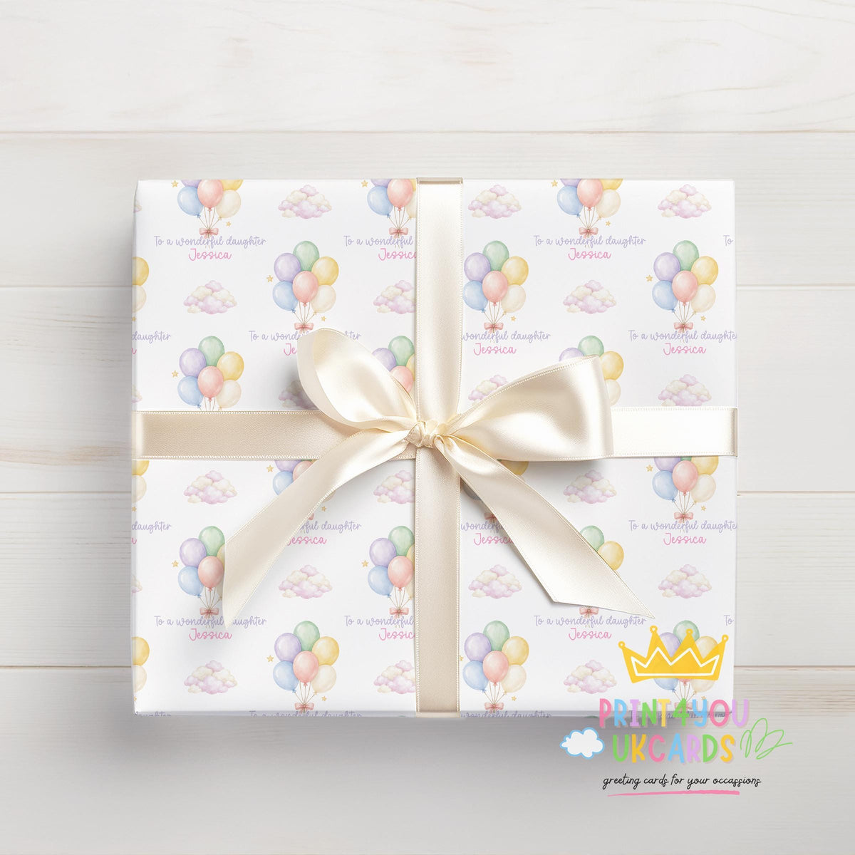 An additional close-up of the pastel balloon and fluffy cloud pattern printed on the wrapping paper