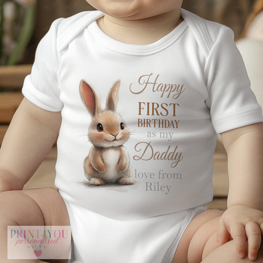 Personalised bib with New Dad bunny design printed Happy First Birthday as my Daddy and custom baby name