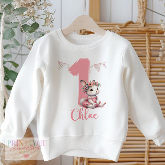 Personalised pink ballerina bunny first birthday sweatshirt in size 6-12 months with custom baby name