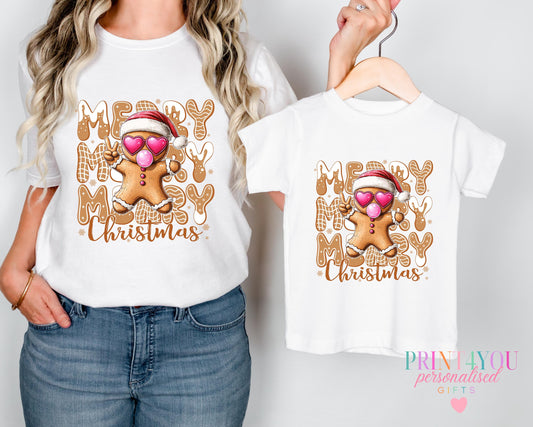 Baby wearing a matching mummy and me Christmas t-shirt with printed on the front, 0-3 months
