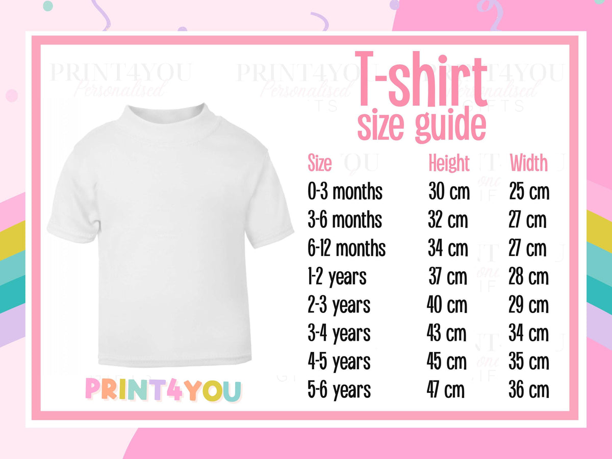 Print4You kids t-shirt size guide with height and width measurements