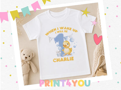 Personalised When I Wake Up I Will Be 1 duck t-shirt laid flat with bunting