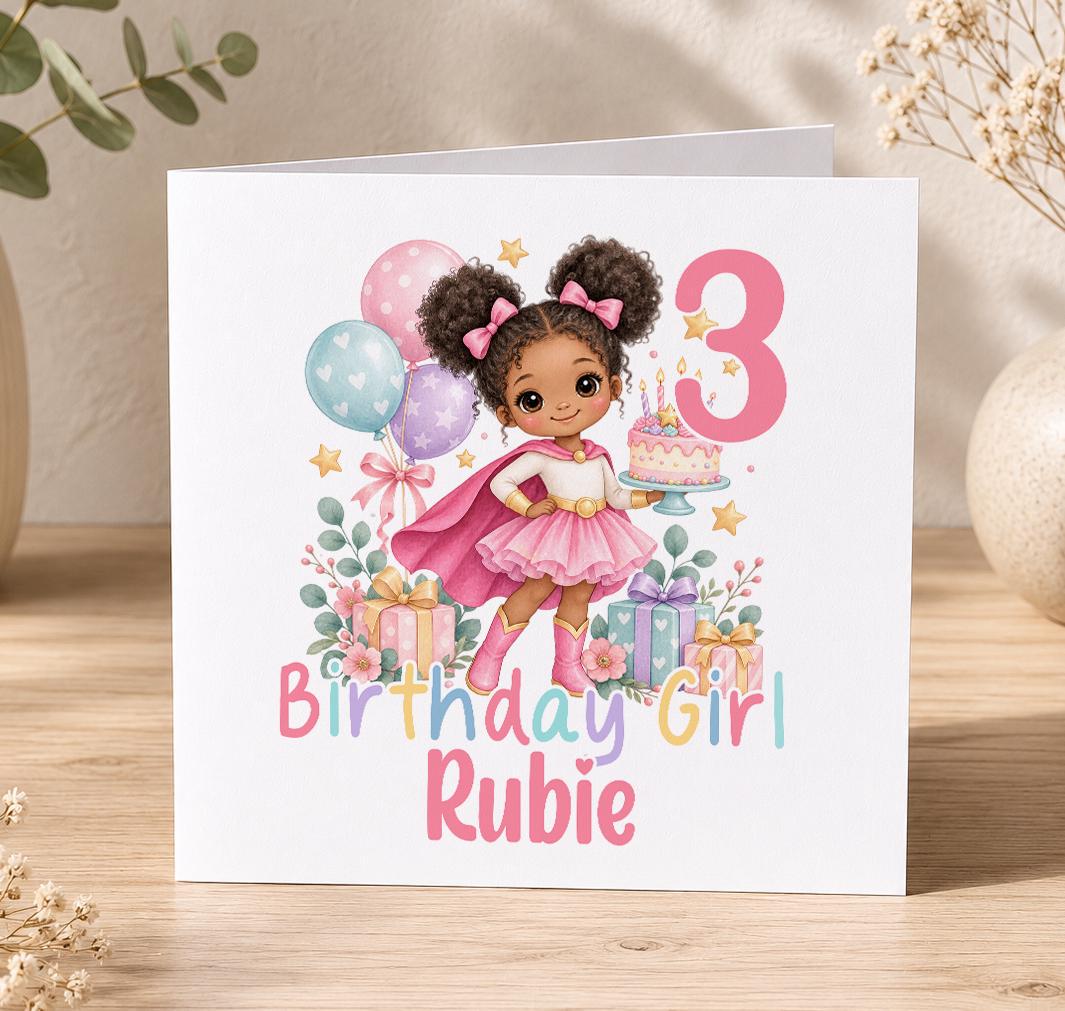 Personalised superhero girl birthday card – girl in a pink cape with a birthday cake and a pink 3, Birthday Girl Rubie