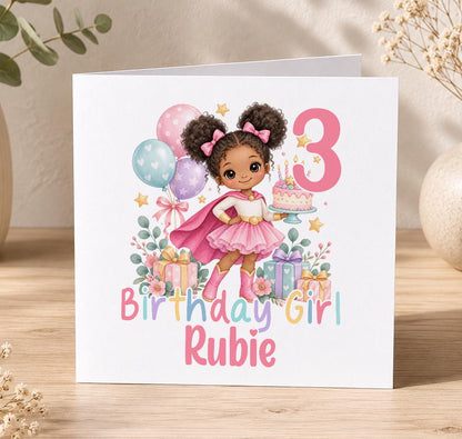 Personalised superhero girl birthday card – girl in a pink cape with a birthday cake and a pink 3, Birthday Girl Rubie