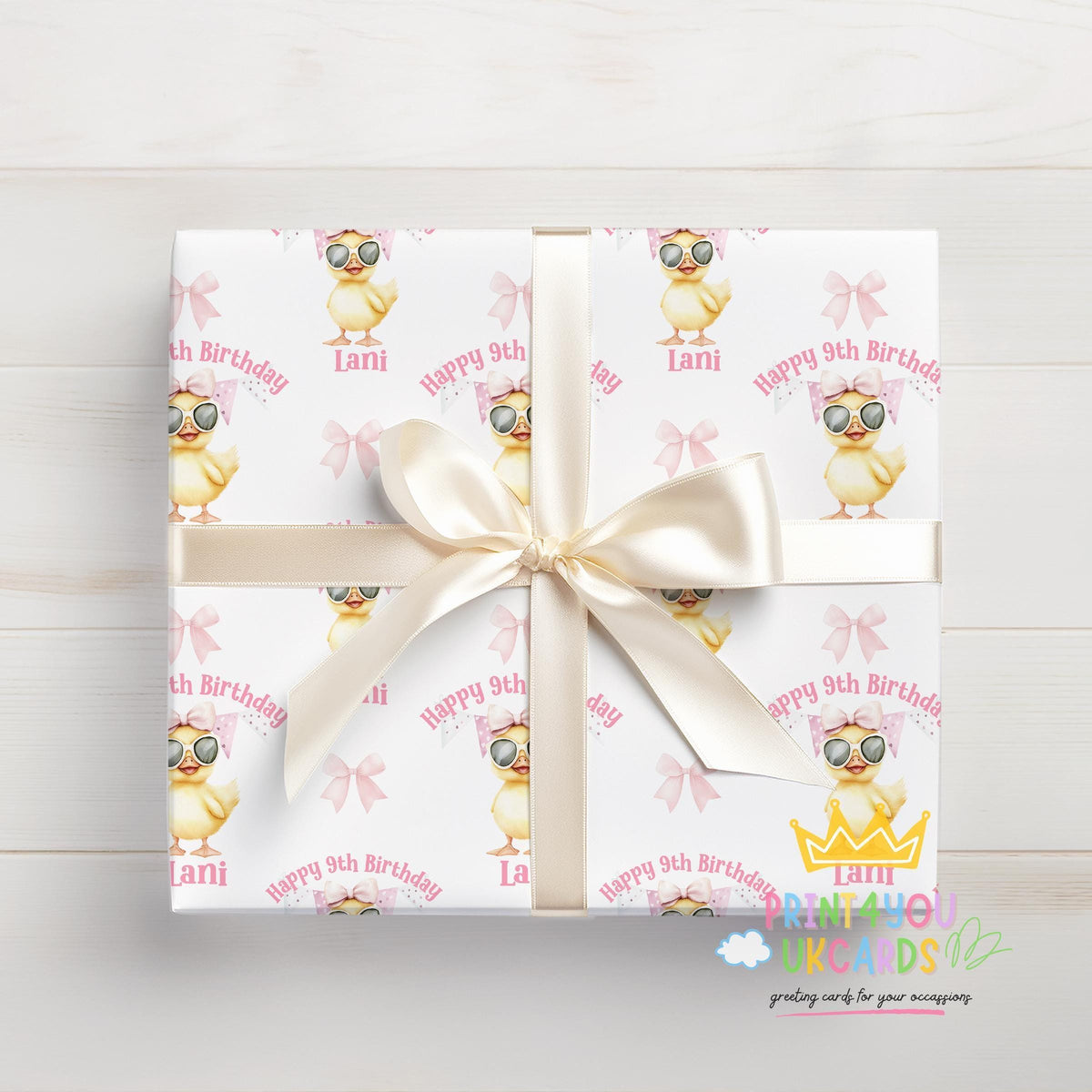 An additional close-up of the sunglasses duck pattern and pink birthday design on the wrapping paper