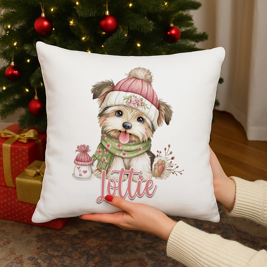 Personalised Christmas Puppy cushion cover with custom name, terrier pup in a pink hat and green scarf design