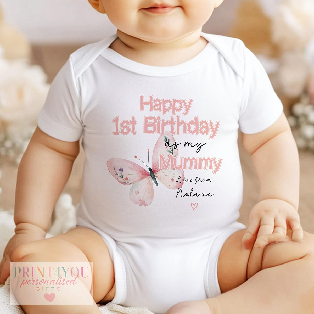 Butterfly 'Happy 1st Birthday as my Mummy' outfit set, personalised with baby's name on soft cotton.