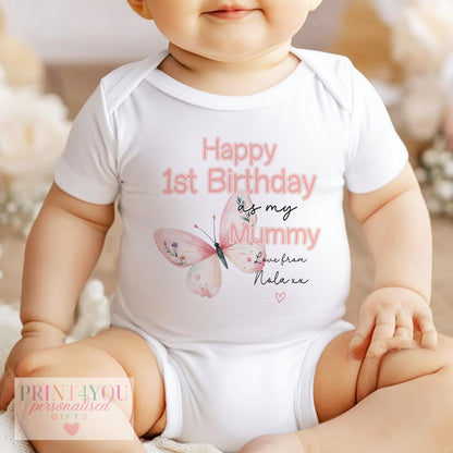 Butterfly 'Happy 1st Birthday as my Mummy' outfit set, personalised with baby's name on soft cotton.