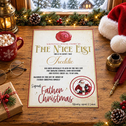 Personalised vintage-style Nice List certificate with a red wax seal, Santa stamp and Father Christmas signature, shown on a festive table