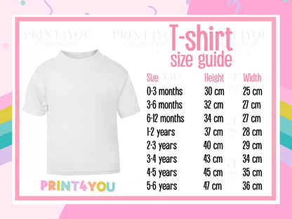 Print4You kids t-shirt size guide with height and width measurements