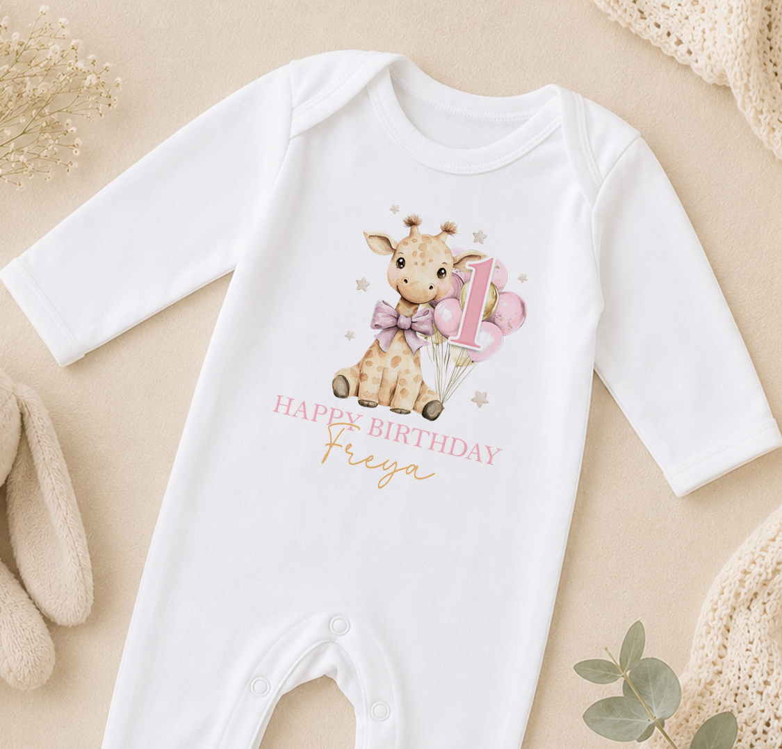 A white onesie with a giraffe and balloons, along with the text "Happy Birthday Freya" printed on it, is displayed on a beige surface.