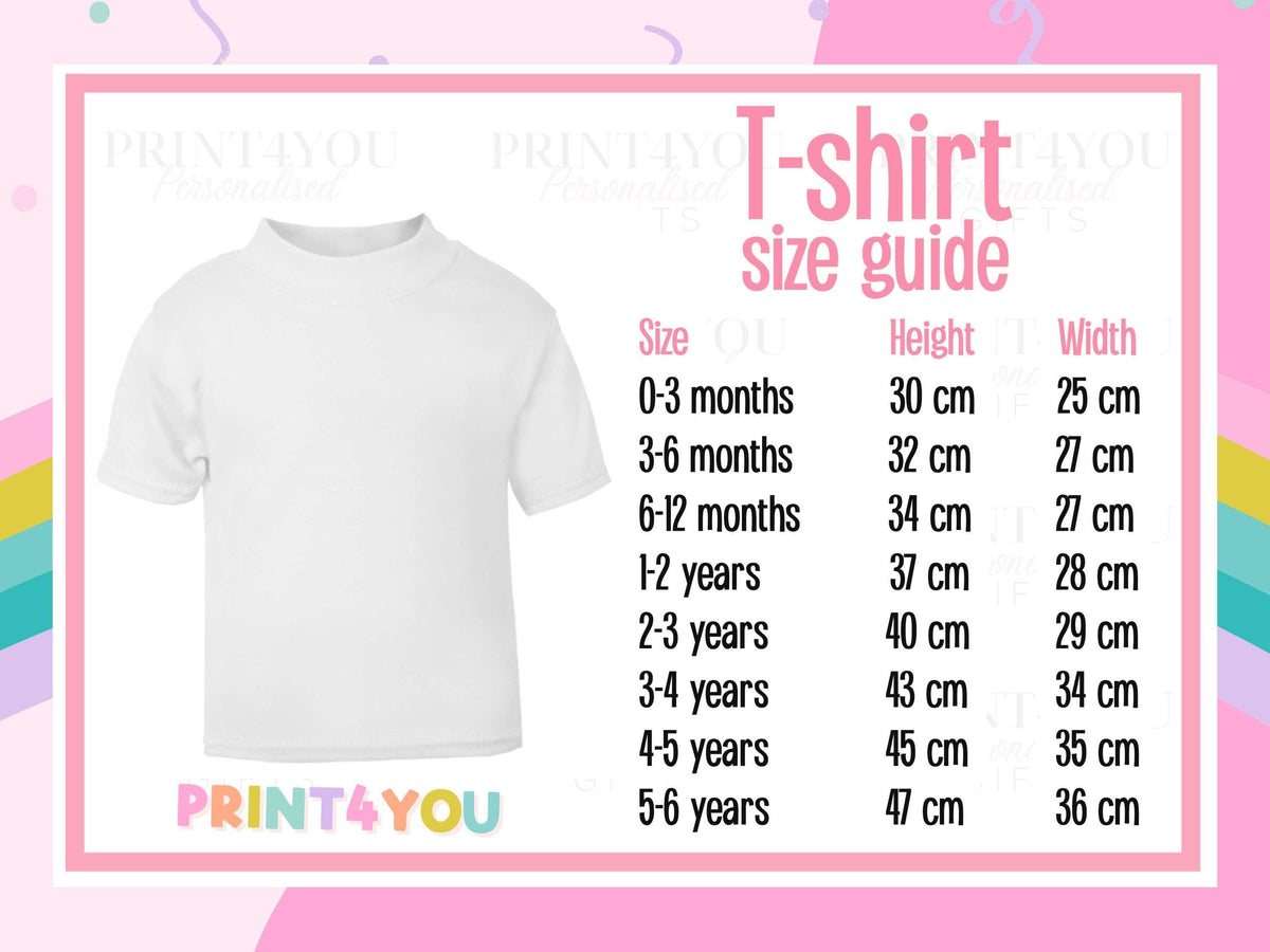 Print4You kids t-shirt size guide with height and width measurements
