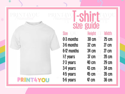 Print4You kids t-shirt size guide with height and width measurements