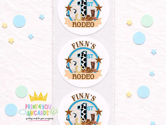 Strip of glossy round first birthday cowboy party stickers personalised with a child's name