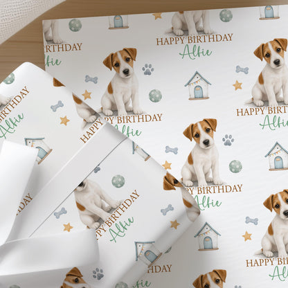 Close-up of the personalised Jack Russell wrapping paper showing the terrier illustration and custom name detail.