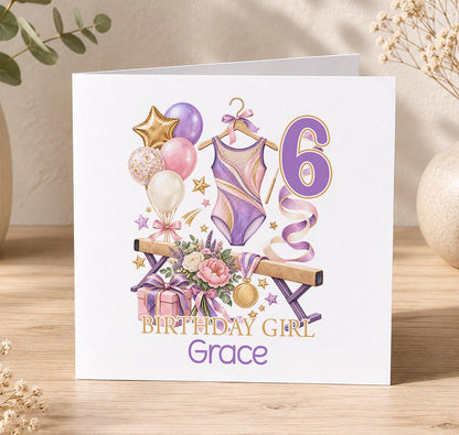 Personalised gymnastics birthday card – purple leotard, balance beam and a purple 6, Birthday Girl Grace