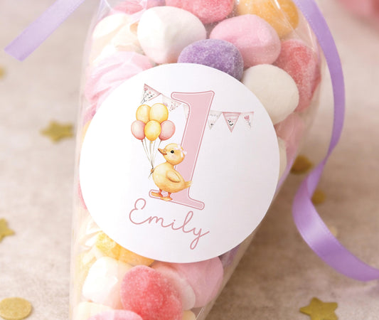 Personalised 1st birthday sticker featuring a cute duck design for a baby girl's first birthday