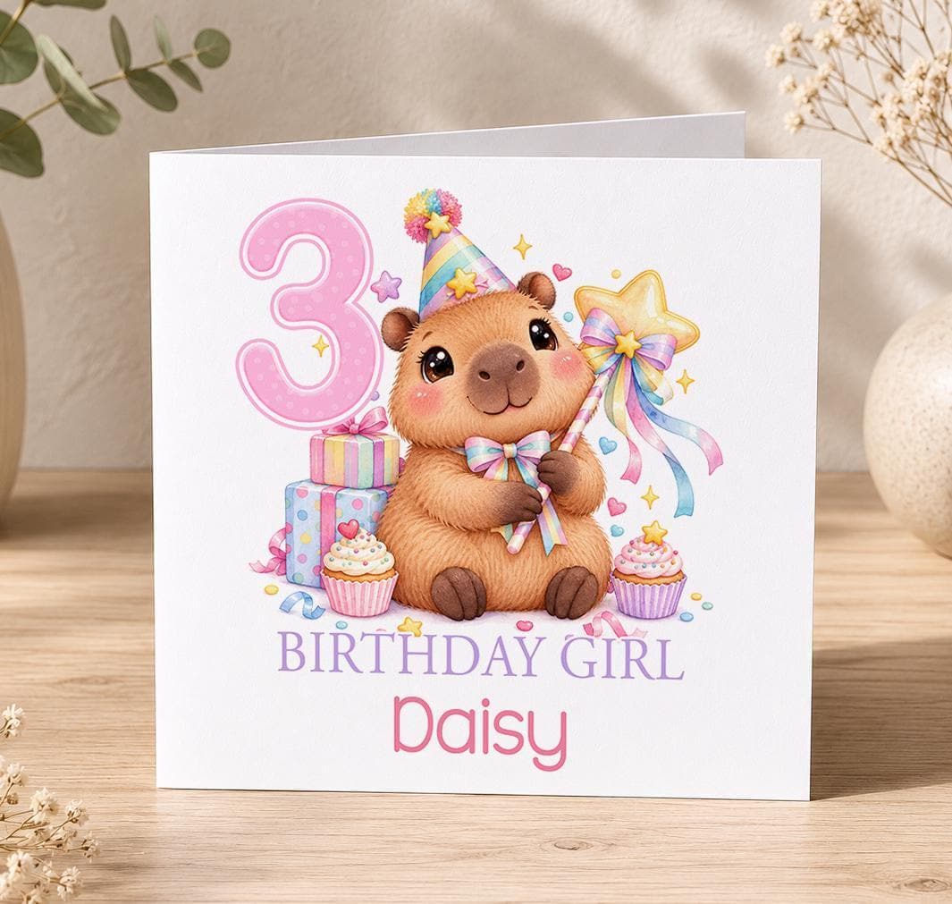 Personalised capybara birthday card – capybara in a party hat with a star wand, cupcakes and a pink 3, Birthday Girl Daisy