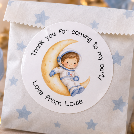 Astronaut Birthday Stickers – Personalised Space-Themed Party Labels, Glossy Finish