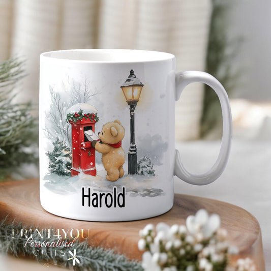 White ceramic mug personalised with a name, printed with a teddy bear and Christmas post box design