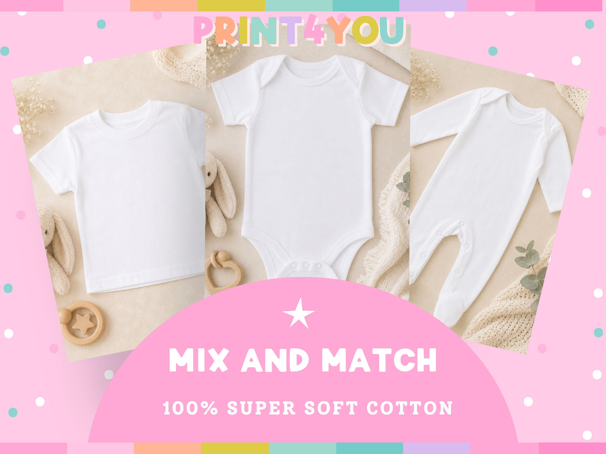 Collage of soft cotton personalised baby clothing styled with nursery accessories.