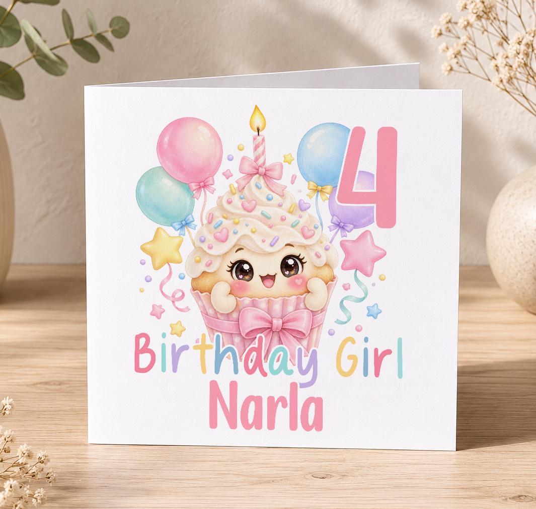 Personalised kawaii cupcake birthday card – smiling pink cupcake with balloons and a pink 4, Birthday Girl Narla