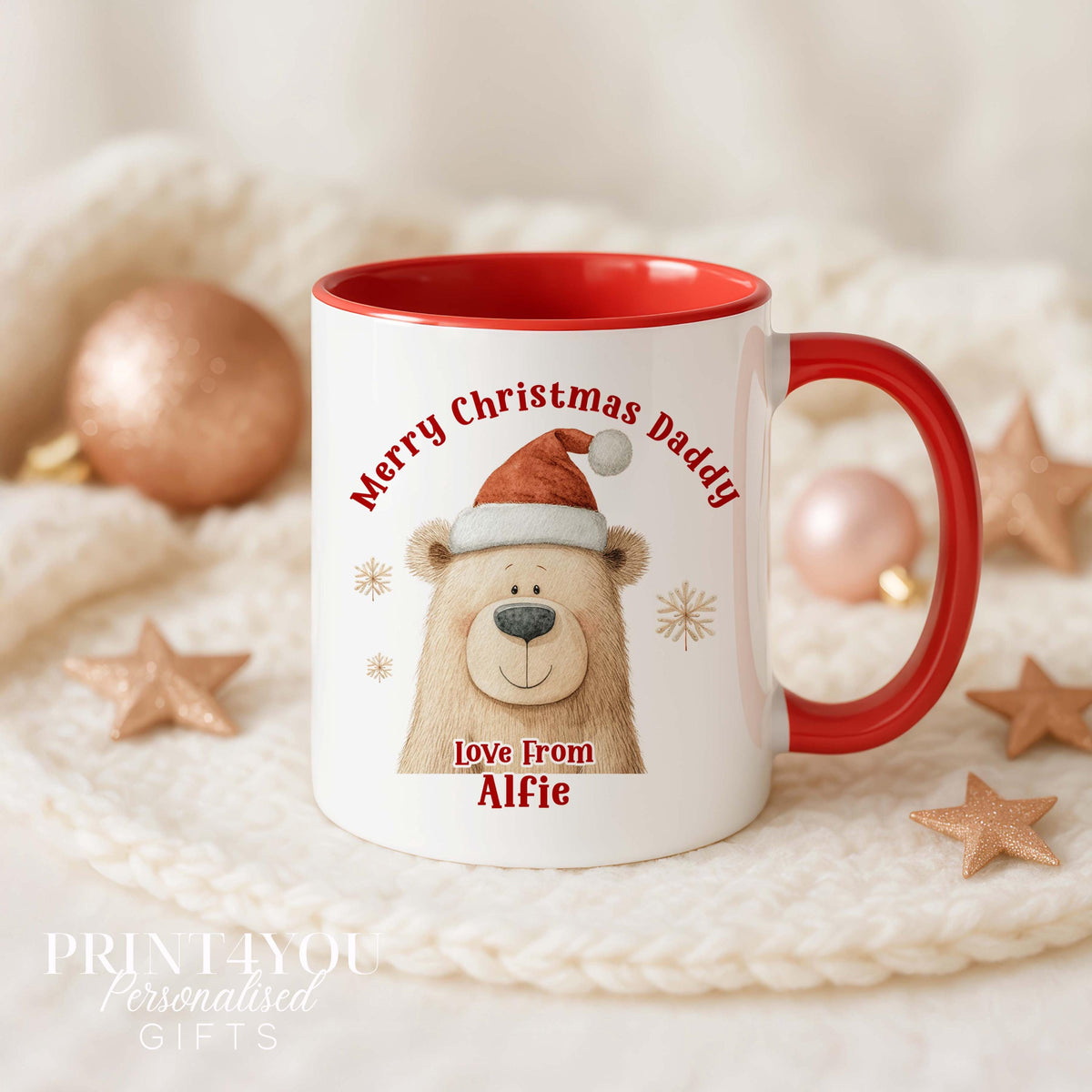 Personalised Christmas Mug – Bear in Santa Hat, Gift from Child or Grandchild