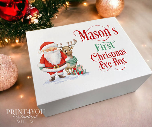 Personalised white magnetic Christmas Eve box with custom name printed on the lid, medium size 16x20x8cm