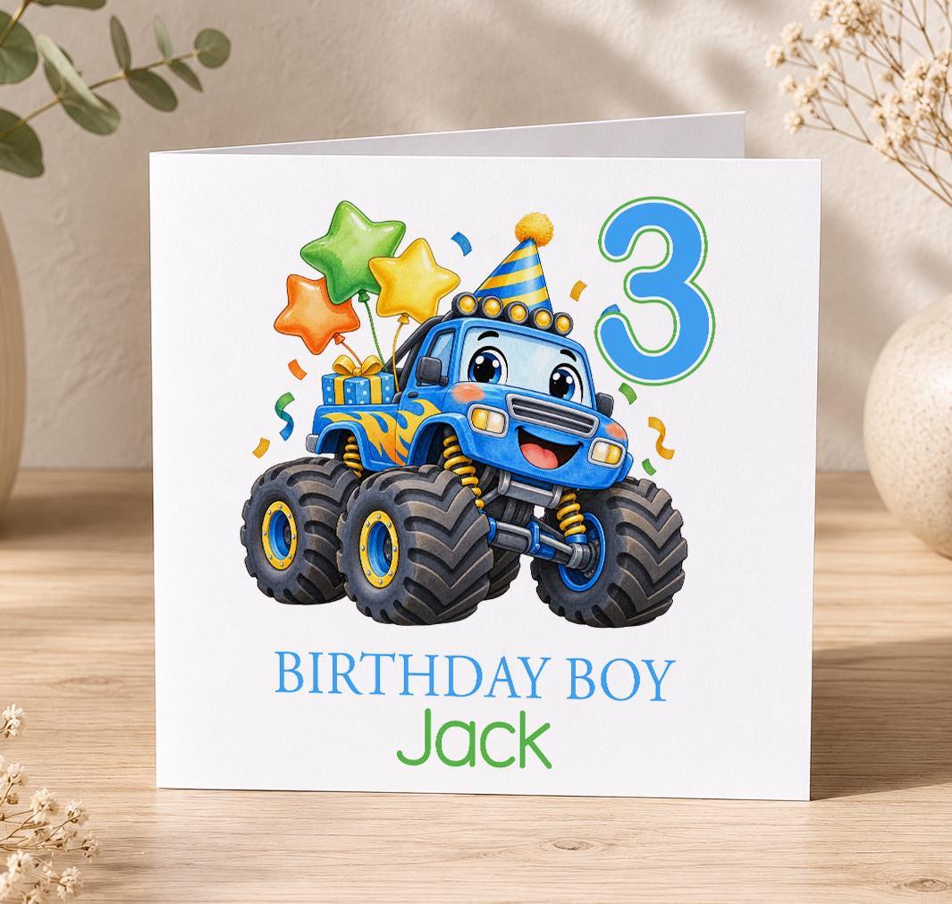 Personalised monster truck birthday card – blue monster truck with star balloons and a blue 3, Birthday Boy Jack