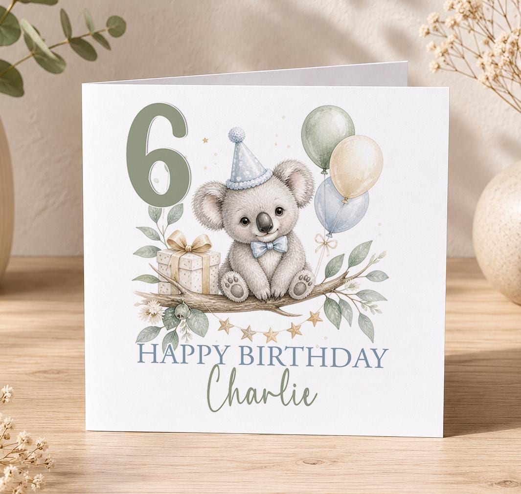 Personalised koala birthday card – koala on a branch with sage balloons and a 6, Happy Birthday Charlie