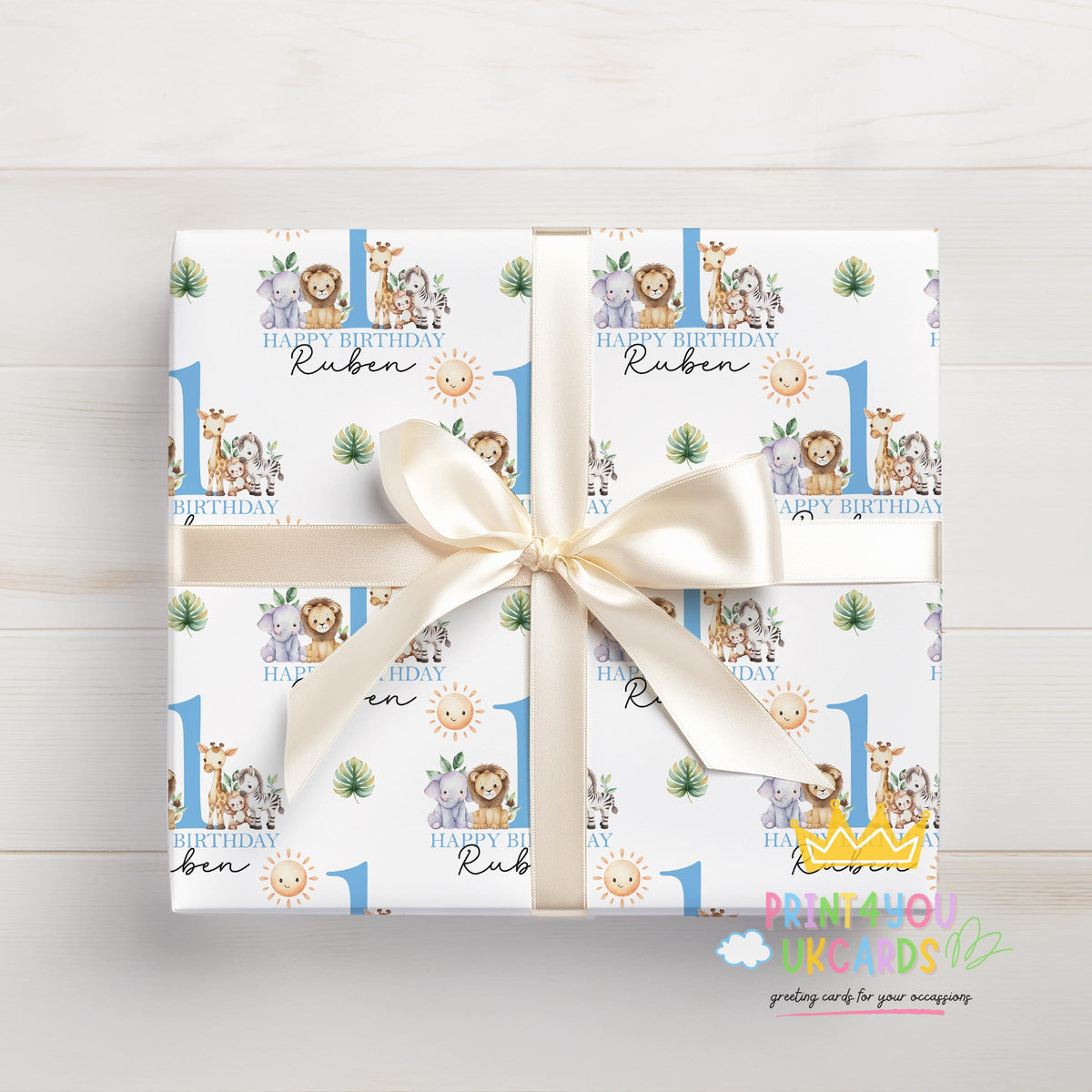 Personalised safari jungle animal wrapping paper rolled and packaged for delivery