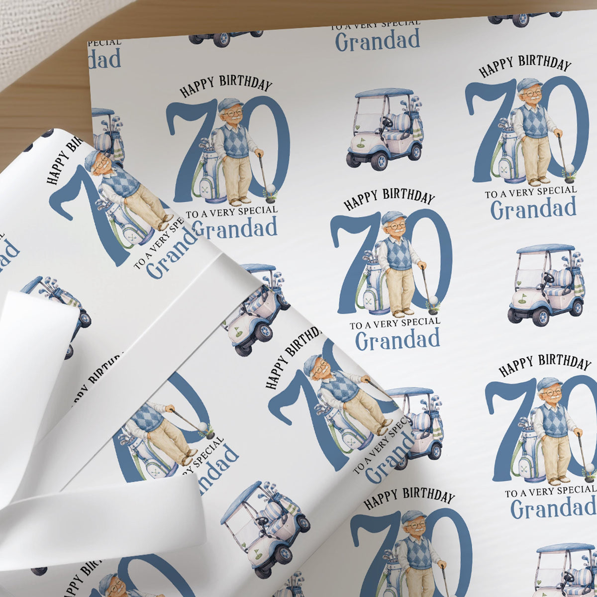 Personalised golf wrapping paper featuring a gentleman golfer and a blue golf buggy, with custom age printed across the sheet.