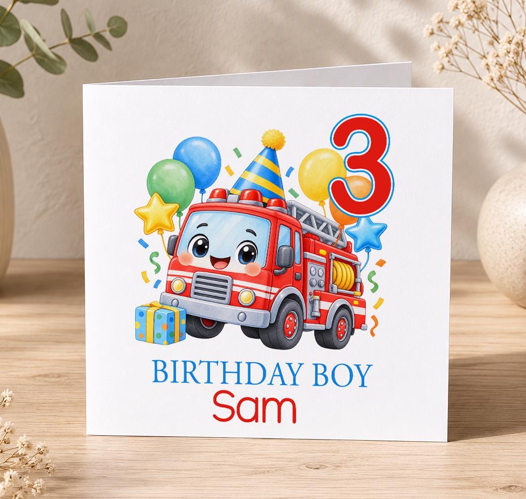 Personalised fire engine birthday card – smiling red fire engine with balloons and a red 3, Birthday Boy Sam