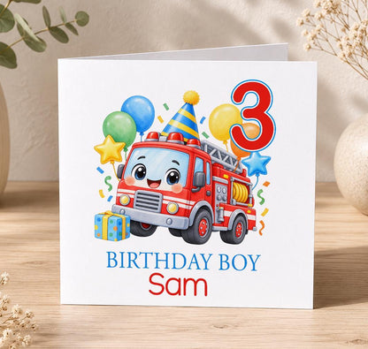 Personalised fire engine birthday card – smiling red fire engine with balloons and a red 3, Birthday Boy Sam