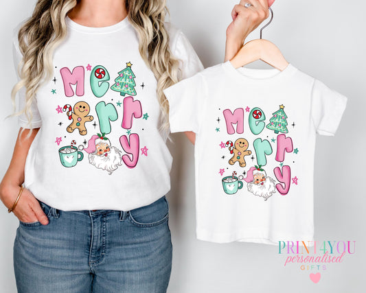 Mummy and me Christmas t-shirts, adult ladies top and matching baby t-shirt with Merry design