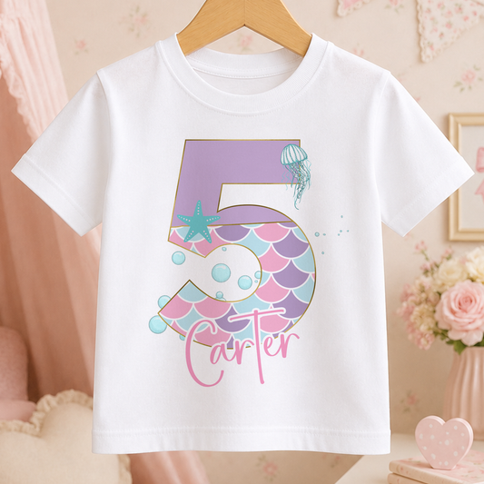Personalised white mermaid birthday t-shirt printed with the number 5