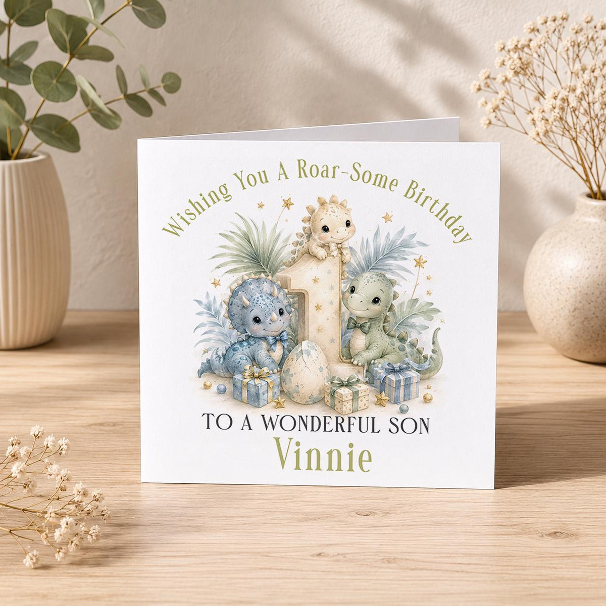 Personalised dinosaur 1st birthday card – sage dinosaurs around a number 1, Wishing You A Roar-Some Birthday To a Wonderful Son Vinnie