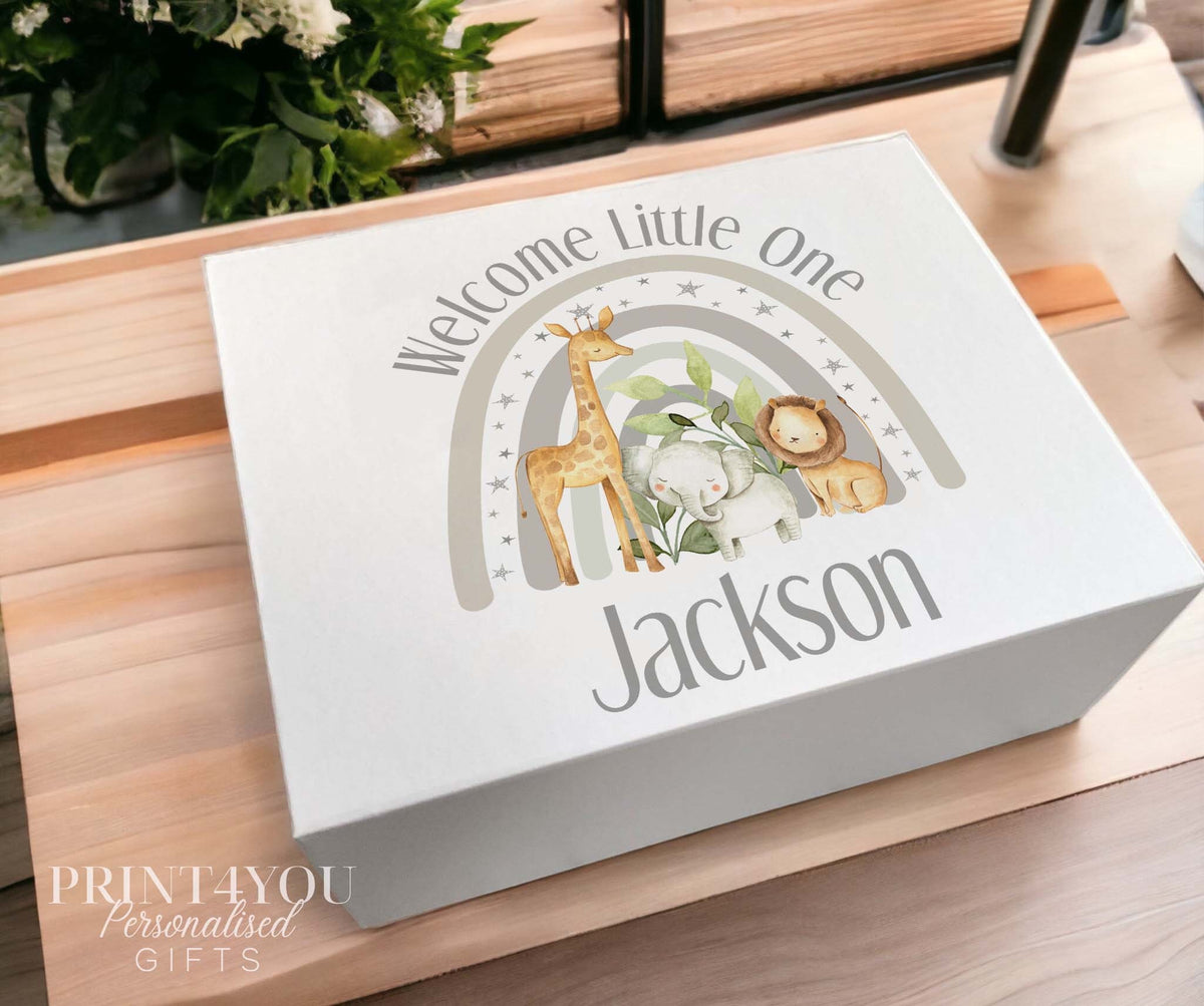 Grey safari-themed personalised baby keepsake box with magnetic closure, medium size 160x200x80mm