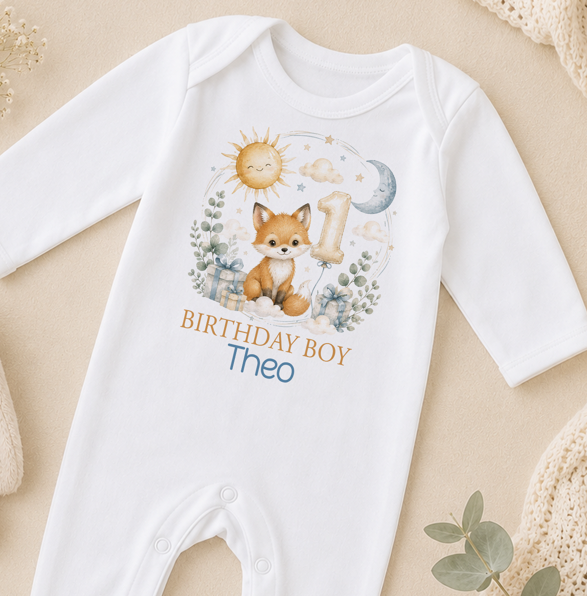 Personalised 1st birthday sleepsuit, Fox Sun and Moon Birthday Boy design with name