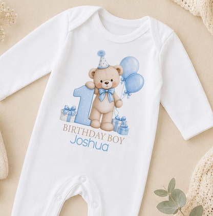 Personalised 1st birthday sleepsuit, Blue Teddy Balloons Birthday Boy design with name