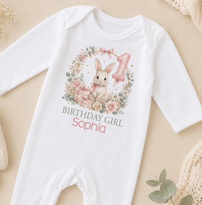 Personalised 1st birthday sleepsuit, Bunny Floral Wreath Birthday Girl design with name