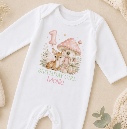 Personalised 1st birthday sleepsuit, Fairy Deer Toadstool Birthday Girl design with name