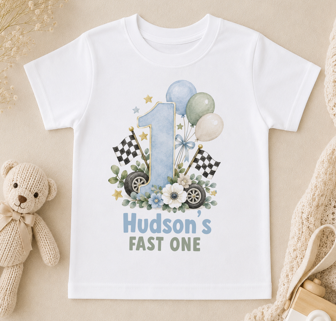 Personalised 1st birthday t-shirt, Fast One Racing Car design with name